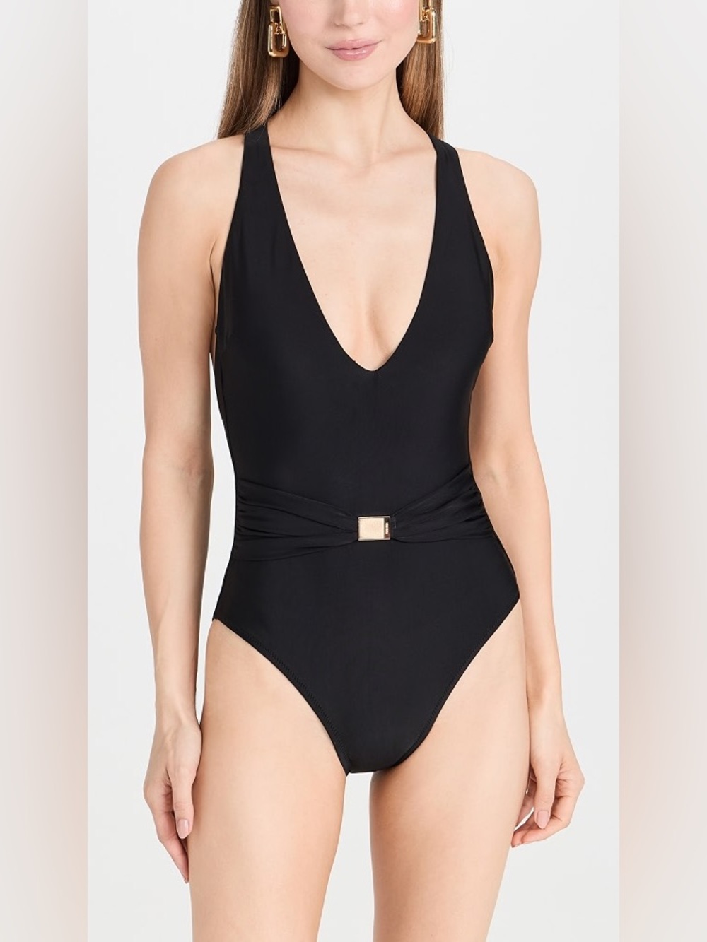 L'AGENCE Lisa Belted V-Neck One Piece Swimsuit Bathing Suit Black Medium